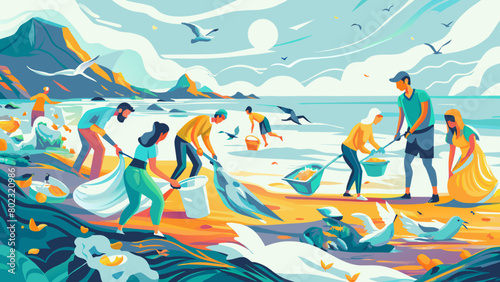 Coastal Cleanup Effort - Volunteers Removing Trash from Beach Plastic Bag Free Day