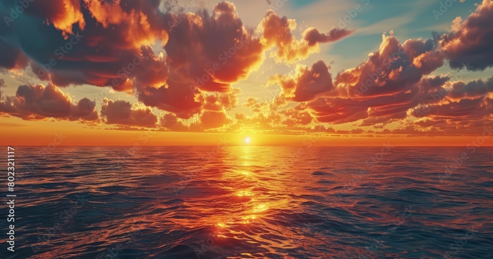 The sky clouds at sunset frame a breathtaking panoramic view of the sea
