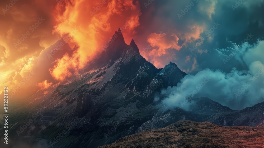 The view of cloudy mountain peaks at sunset offers a stunning contrast between the dark The view of cloudy mountain peaks at sunset offers a stunning contrast between the dark