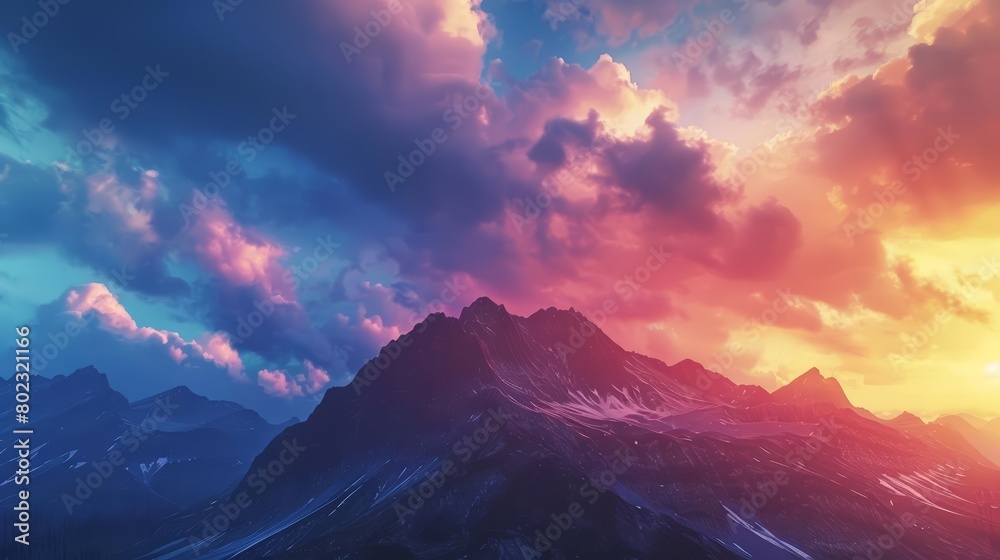 The view of cloudy mountain peaks at sunset offers a stunning contrast between the dark