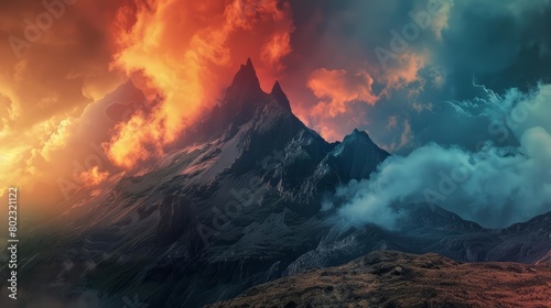 The view of cloudy mountain peaks at sunset offers a stunning contrast between the dark