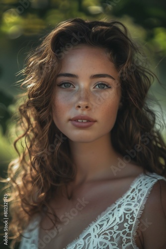 Portrait of a beautiful girl with curly hair in a white lace dress © Nam