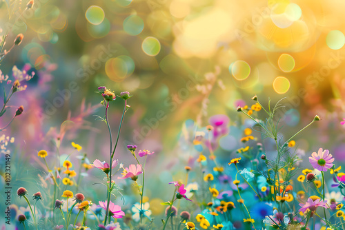 Colorful flower meadow with sunbeams and bokeh lights in summer - nature background banner with copy space - summer greeting card wildflowers spring concept. © ELmidoi-AI