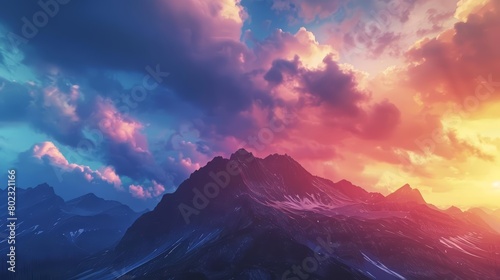 The view of cloudy mountain peaks at sunset offers a stunning contrast between the dark