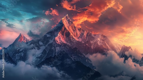 The view of cloudy mountain peaks at sunset offers a stunning contrast between the dark photo