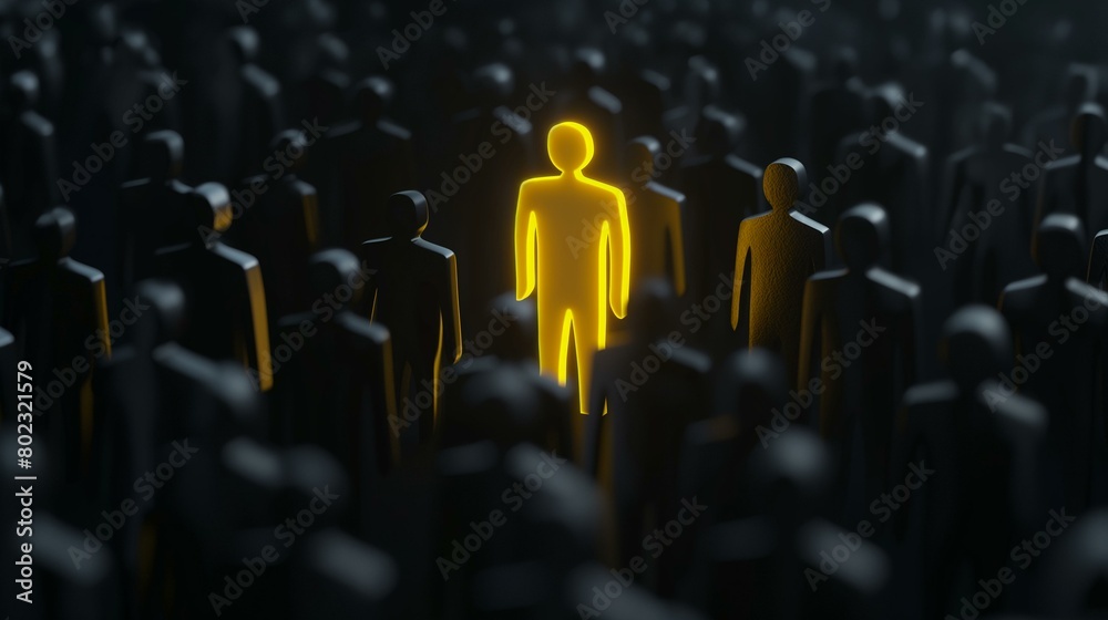 Fototapeta premium Highlighted Yellow Human Shape Standing Out in a Crowd of Dark Figures