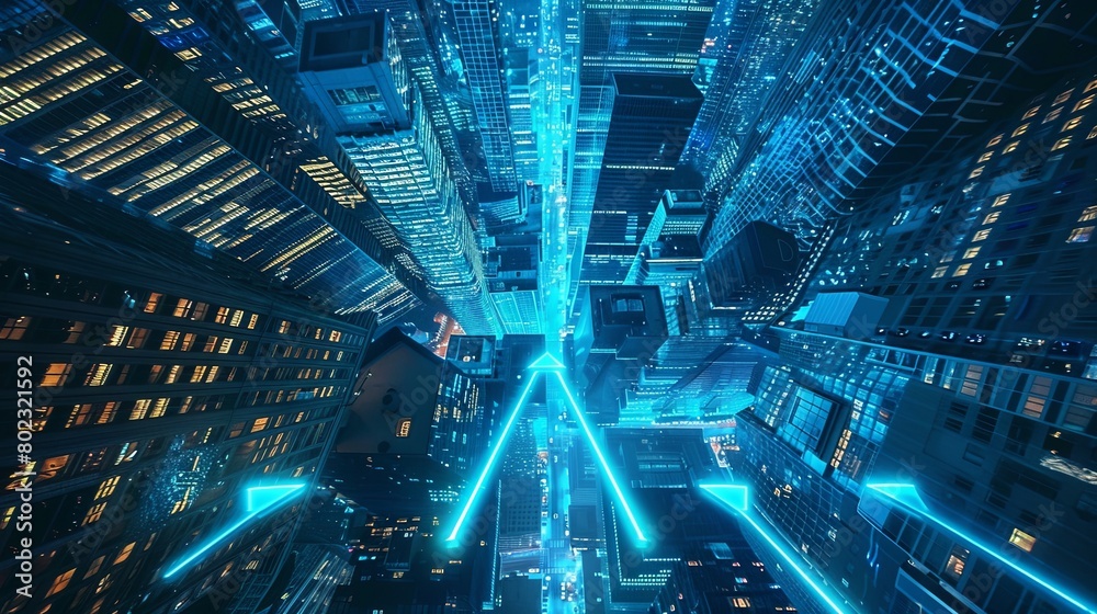 Large blue arrows pointing upwards in the center of a cityscape with reflective skyscrapers and illuminated on the ground 