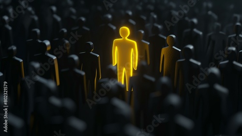 Highlighted Yellow Human Shape Standing Out in a Crowd of Dark Figures photo