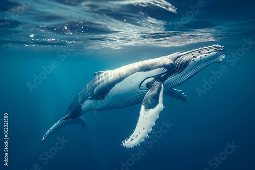Graceful Humpback Whale Calf Swimming in Serene Blue Water © Generative ART