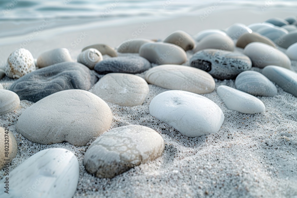 Naklejka premium Rocks Resting on Sandy Beach. Generative AI