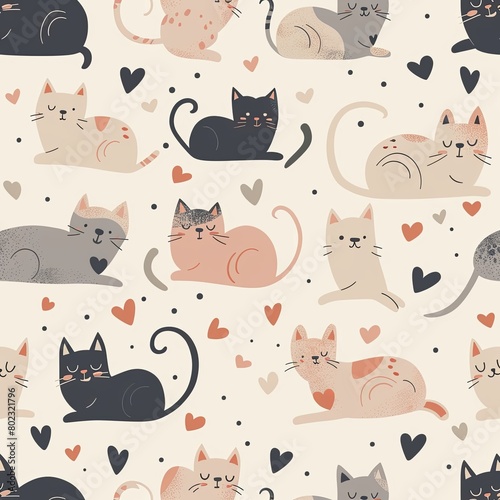 Seamless pattern with cute cats and hearts in soft colors