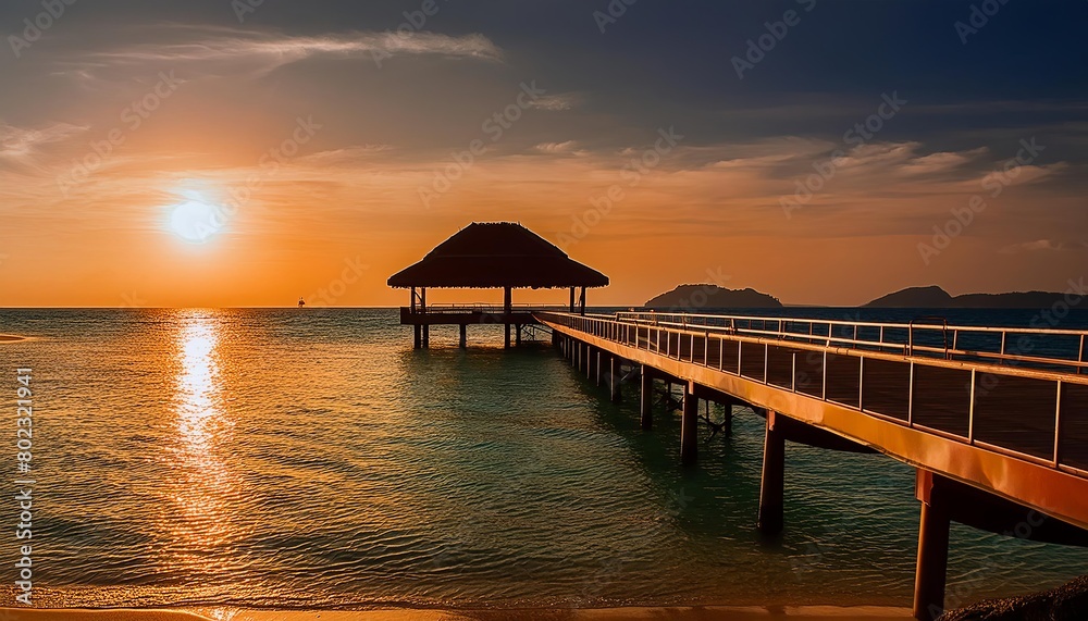 Beautiful blue sea and sky with pier in island, panoramic view of tropical beach resort graphic background for website Beautiful blue sea and sky with pier in island, panoramic view of tropical beach resort graphic background for website