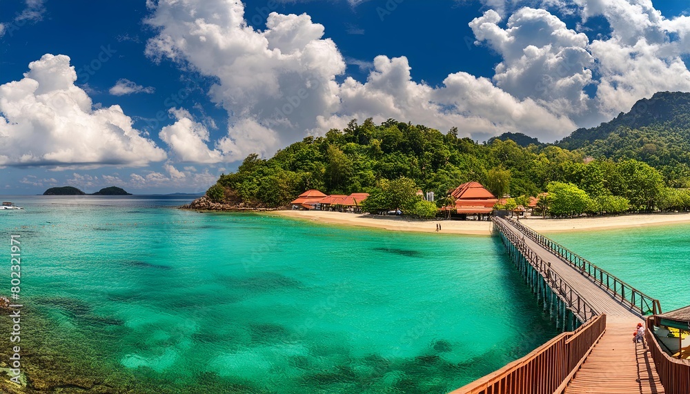 Obraz premium Beautiful blue sea and sky with pier in island, panoramic view of tropical beach resort graphic background for website