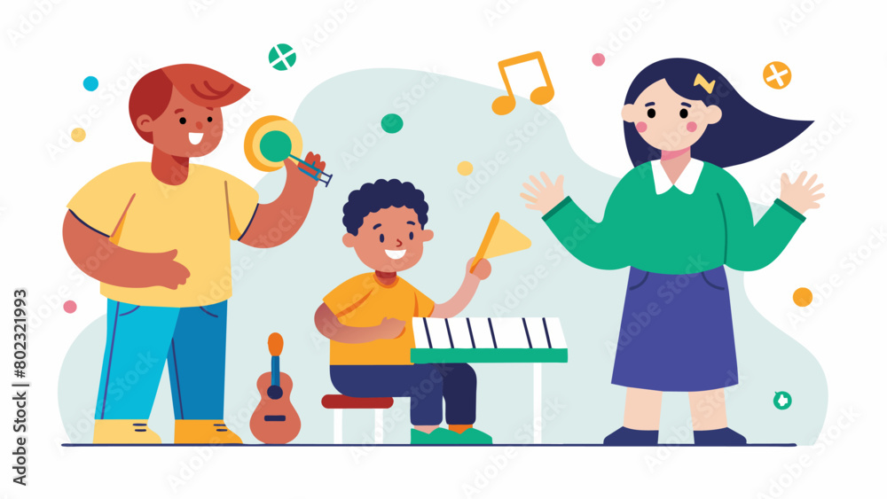 A school has introduced music therapy sessions for students with Down syndrome using rhythm and melody to enhance their communication skills and. Vector illustration