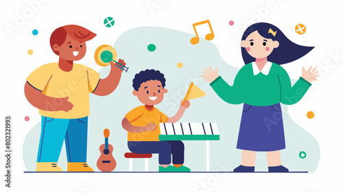 A school has introduced music therapy sessions for students with Down syndrome using rhythm and melody to enhance their communication skills and. Vector illustration