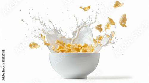 Corn flakes and milk splash in bowl on white background, isolated for freshness and clarity