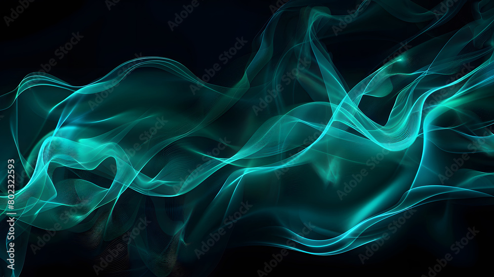 Obraz premium Teal blue green black color abstract glowing color wave Background. Generative AI.
