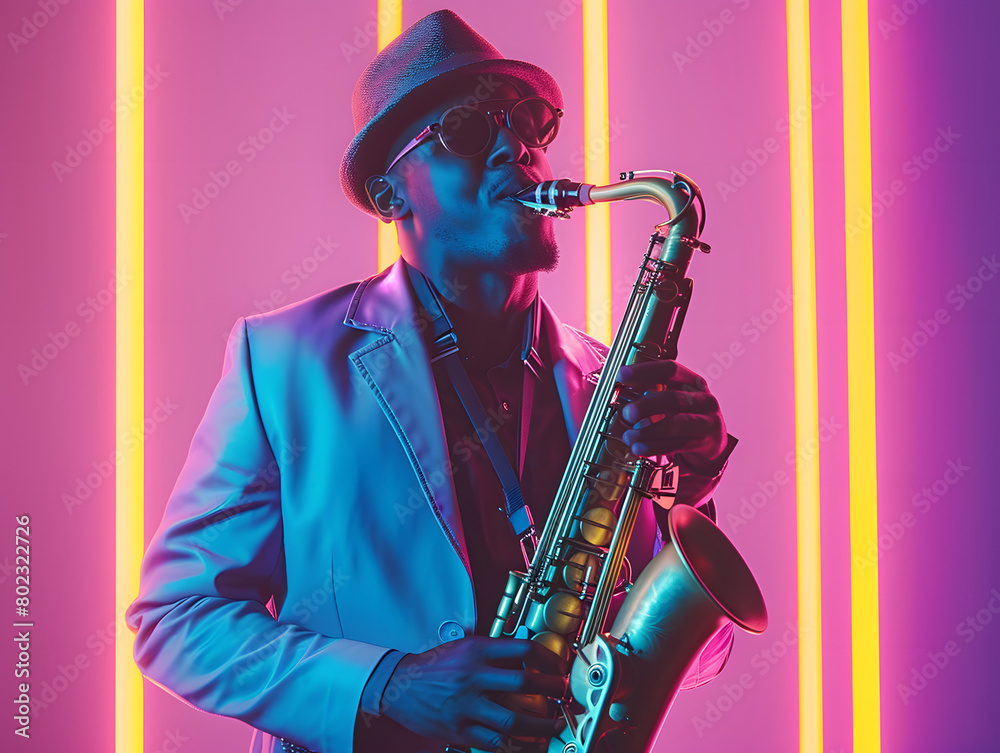 Fototapeta premium Musician playing saxophone with neon background at concert