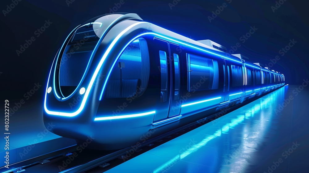 a blue glow outline modern train on white background 