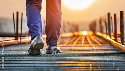 Worker feet walking on metal platform at architect construction site photo