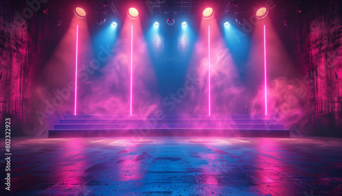 The background of the blue light and shadow stage is illuminated by many spotlights, creating an atmosphere of modernity and technology. The stage features lines made up of neon lights in purple.