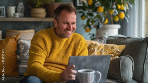 Man with Laptop Enjoying Home photo