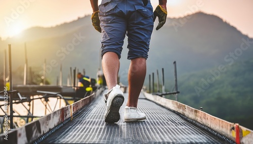 Worker feet walking on metal platform at architect construction site photo