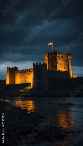 Brooding fortress shrouded in darkness, looming ominously on the horizon. © xKas