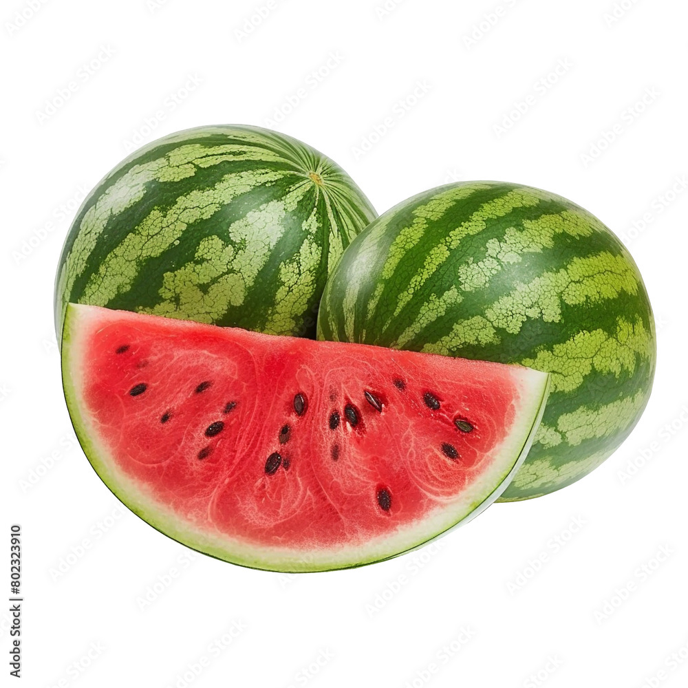 Fresh and juicy whole watermelons and slices flat illustration isolated on white backgound Fresh and juicy whole watermelons and slices flat illustration isolated on white backgound