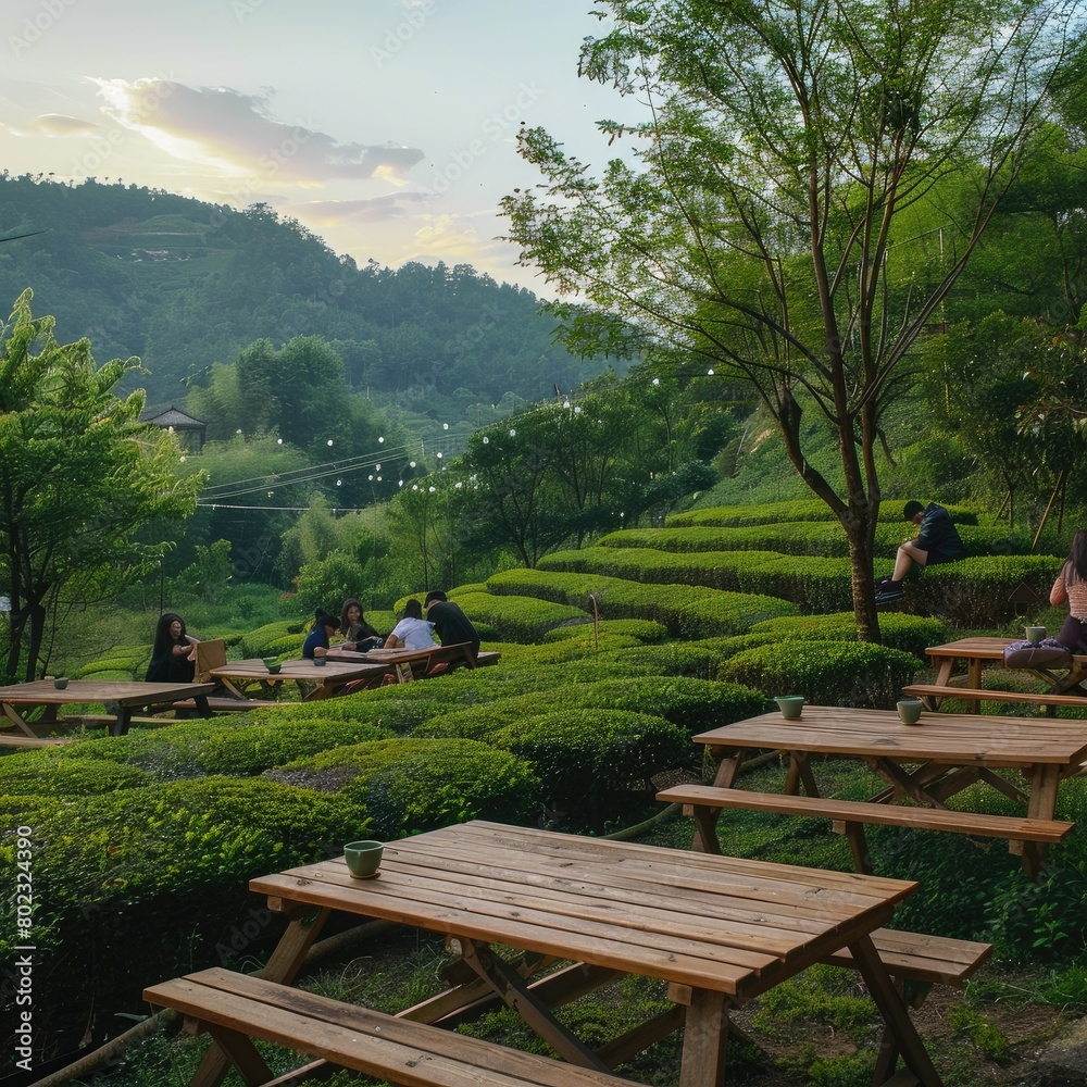 A Vibrant Gathering: People Enjoying Picnic Tables in the Park