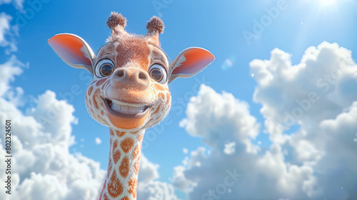 a giraffe with blue sky and clouds background.Generative AI