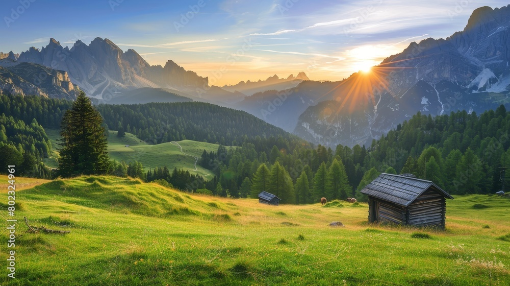 Tranquil sunrise in italian dolomites with wooden cabin in stunning alpine landscape