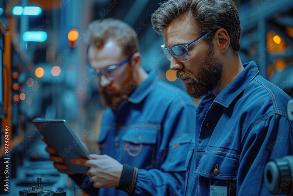 Engineers analyzing data on tablet in factory