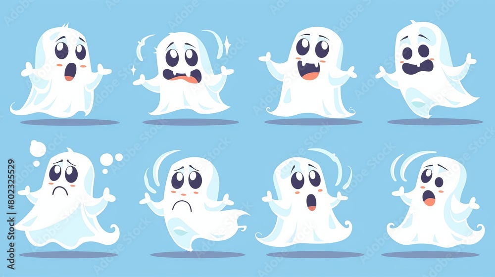 Set of cute funny happy ghosts Childish spooky boo characters for kids Magic scary spirits with different emotions and face expressions Isolated flat cartoon vector illustrations of comic phantoms Set of cute funny happy ghosts Childish spooky boo characters for kids Magic scary spirits with different emotions and face expressions Isolated flat cartoon vector illustrations of comic phantoms