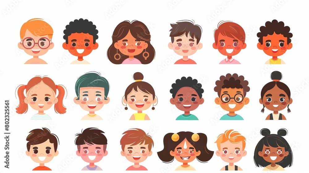 Set of children avatars Bundle of smiling faces of boys and girls with different hairstyles, skin colors and ethnicities Colorful flat vector illustration isolated on white background Set of children avatars Bundle of smiling faces of boys and girls with different hairstyles, skin colors and ethnicities Colorful flat vector illustration isolated on white background