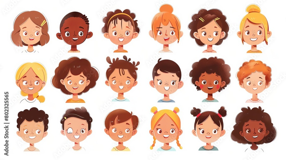 Set of children avatars Bundle of smiling faces of boys and girls with different hairstyles, skin colors and ethnicities Colorful flat vector illustration isolated on white background Set of children avatars Bundle of smiling faces of boys and girls with different hairstyles, skin colors and ethnicities Colorful flat vector illustration isolated on white background
