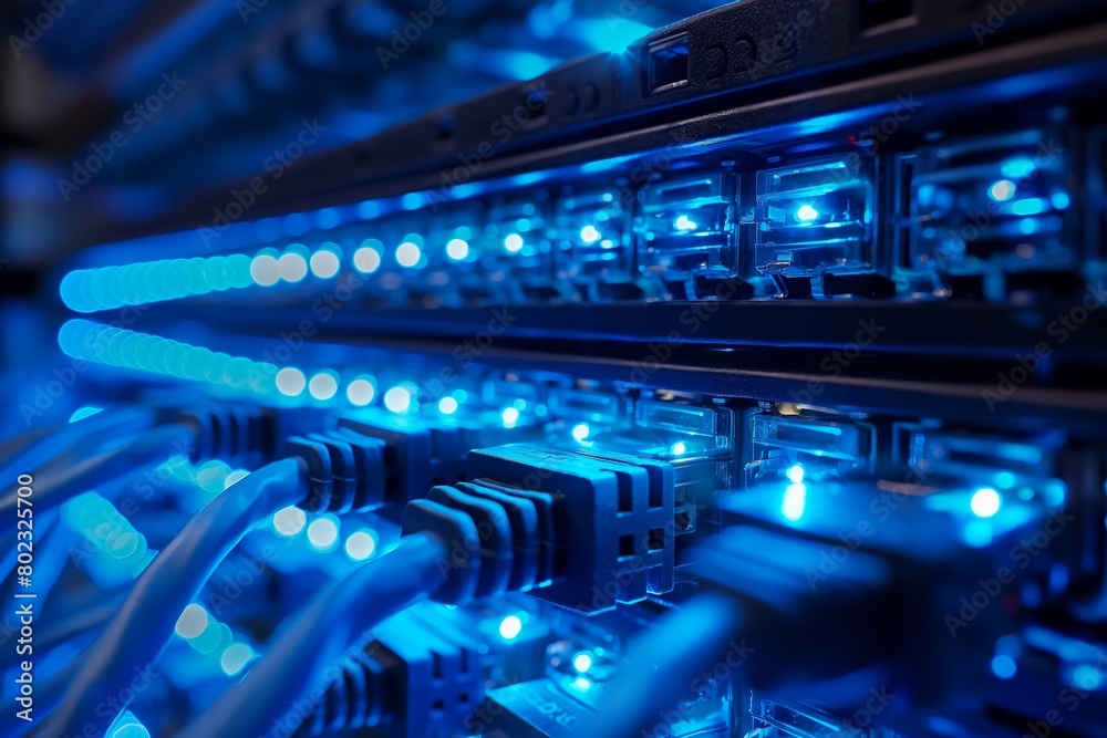 Network server room with blue ethernet cable lights Network server room with blue ethernet cable lights