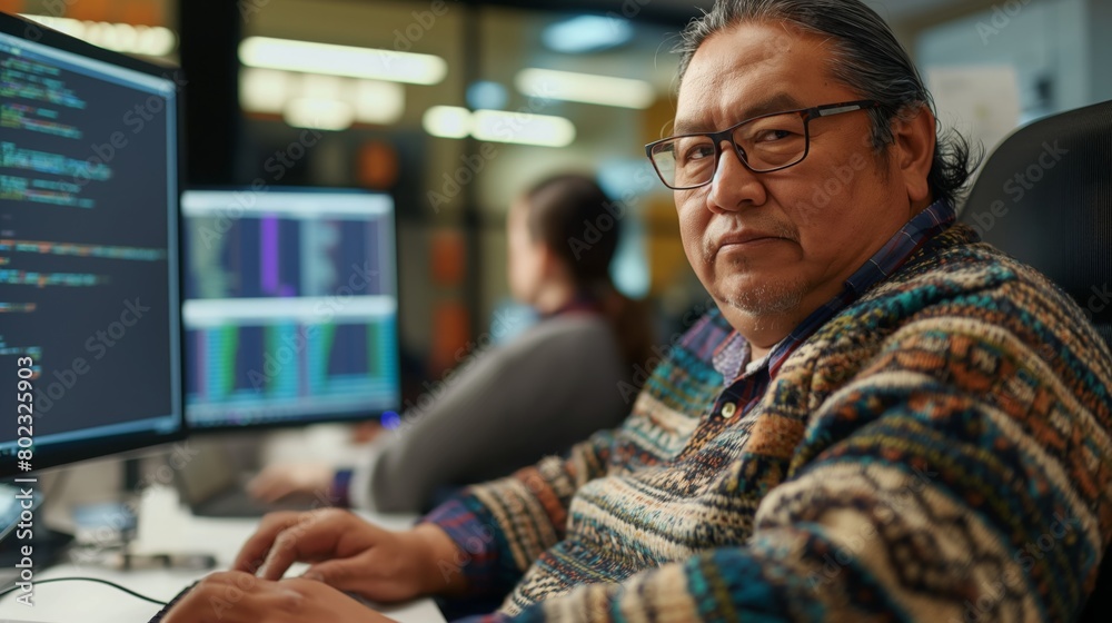 A man in glasses is working on a personal computer in an office A man in glasses is working on a personal computer in an office
