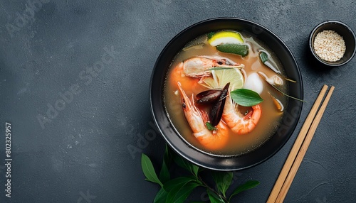 Tom yum Asian traditional soup on dark background with copy space top view. Food menu or restaurant banner concept photo