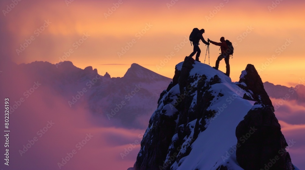 Fototapeta premium Two hikers help each other standing on tip of mountain top in winter in rugged lands with snow and majestic view.