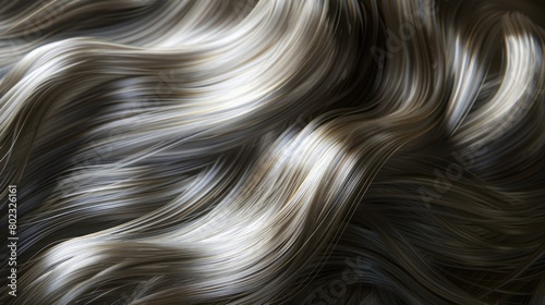 Detailed 3D visualization of silky hair with multitonal highlights, the subtle shades enhanced by dramatic, moody lighting,