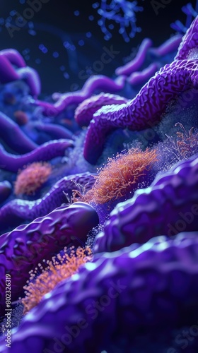 A 3D illustrated closeup of a eukaryotic cell, featuring detailed textures of the cell membrane under dim, dramatic lighting, photo