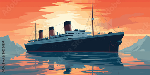 Historic Ocean Liner Vector Illustration, Sunset Cruise with Dramatic Sky Background