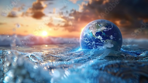 Visual representation of Earth sinking in water as a result of rising sea levels. Concept Climate Change, Rising Sea Levels, Earth in Crisis, Environmental Impact, Global Warming