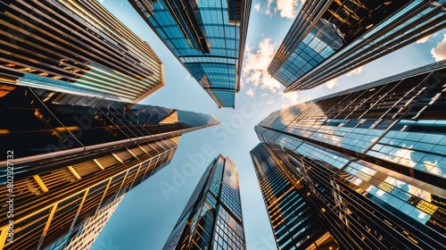 City skyscrapers with glass and concrete exteriors rise above, towering over a worm's-eye view on a bright day with a clear blue sky.