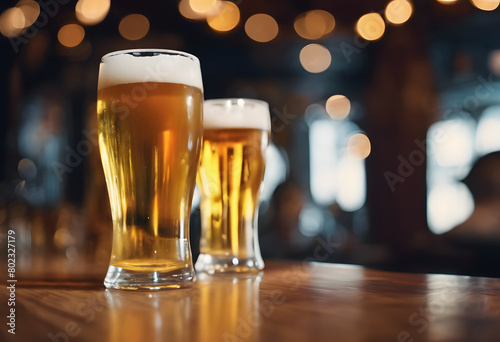 Two glasses of beer on a bar counter with a blurred background of a pub. International Beer Day.