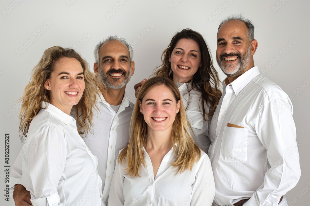 Group of diverse people standing together and smiling at the camera in a studio Group of diverse people standing together and smiling at the camera in a studio