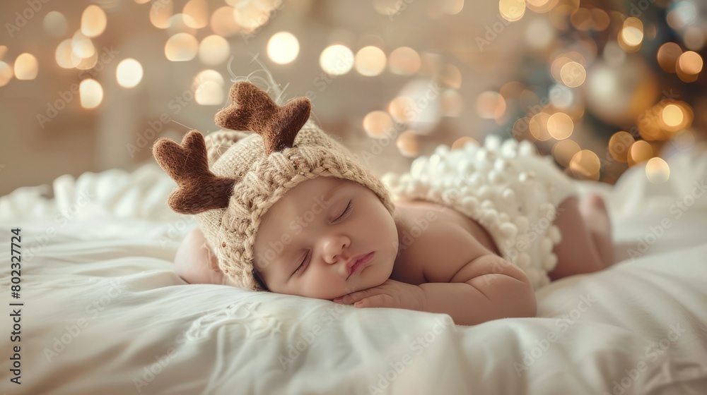 Cute child in a deer hat sleeping on a white cloth Cute child in a deer hat sleeping on a white cloth