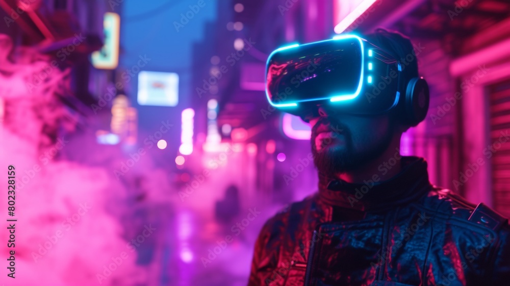 People wear VR headset in a futuristic cyberpunk atmosphere. People wear VR headset in a futuristic cyberpunk atmosphere.