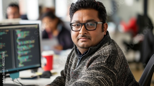 A man in eyewear sits at a desk with a computer monitor